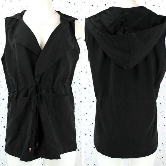 Hooded Draped Open Front Vest Black - Picture 1 of 7